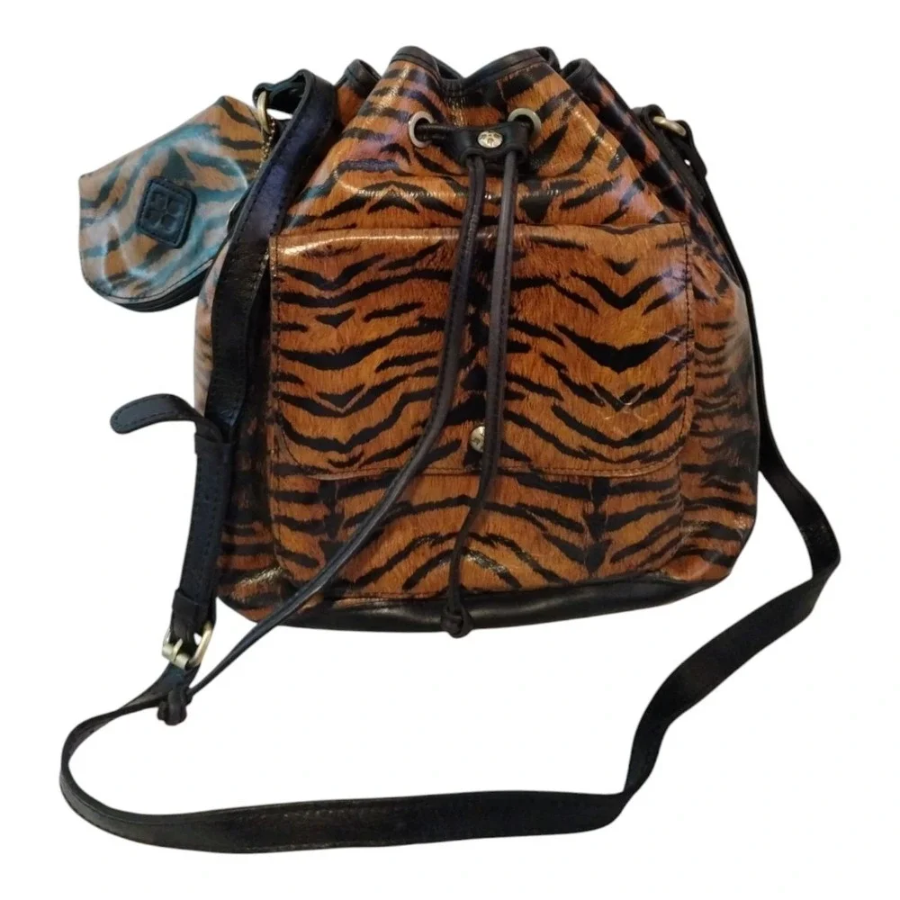 Patricia Nash Sabina Tiger Pattern Leather Drawstring‎ Bag Black Brown Western